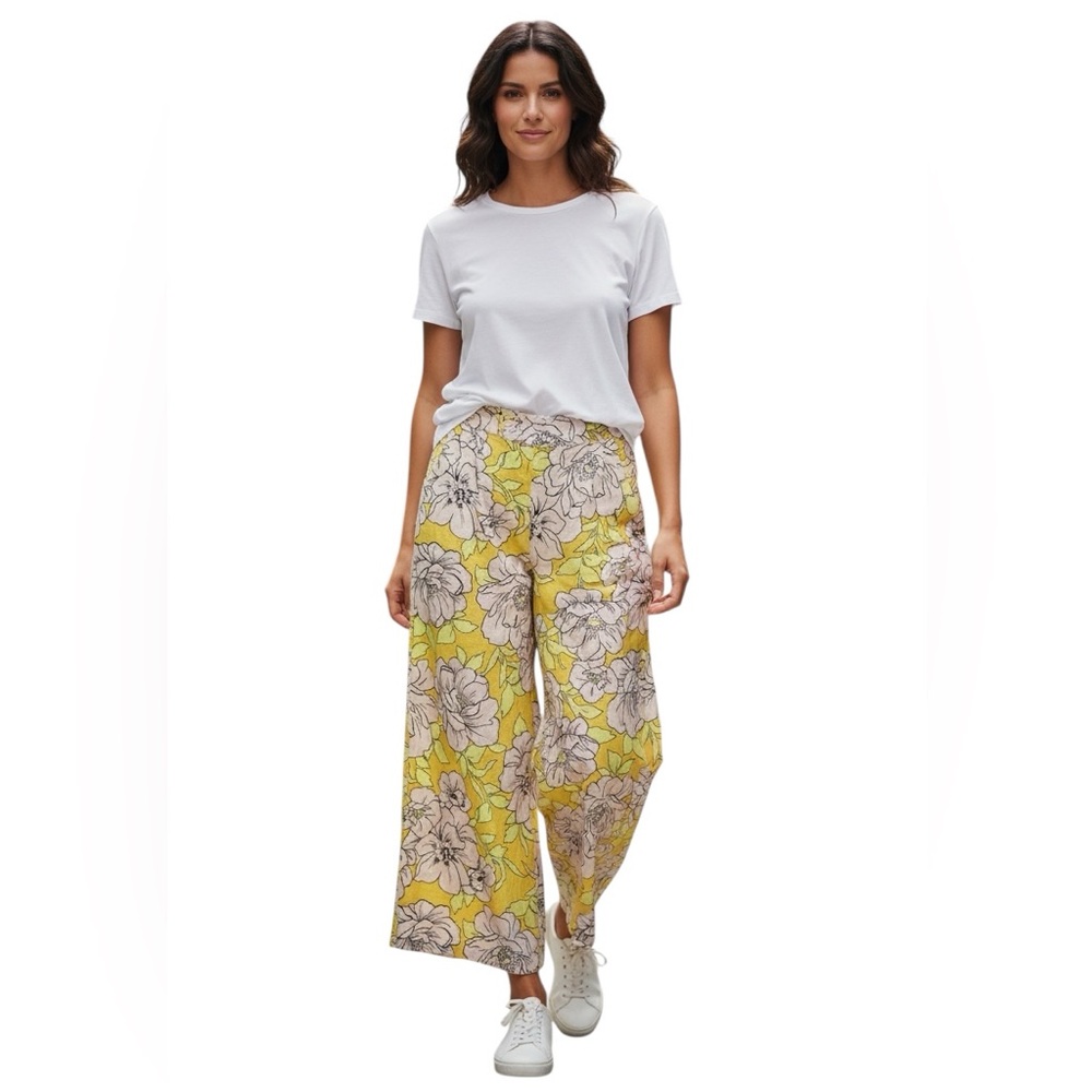 C&C CALIFORNIA 100% Linen yellow and pink floral wide leg crop pants sz S - NWT!